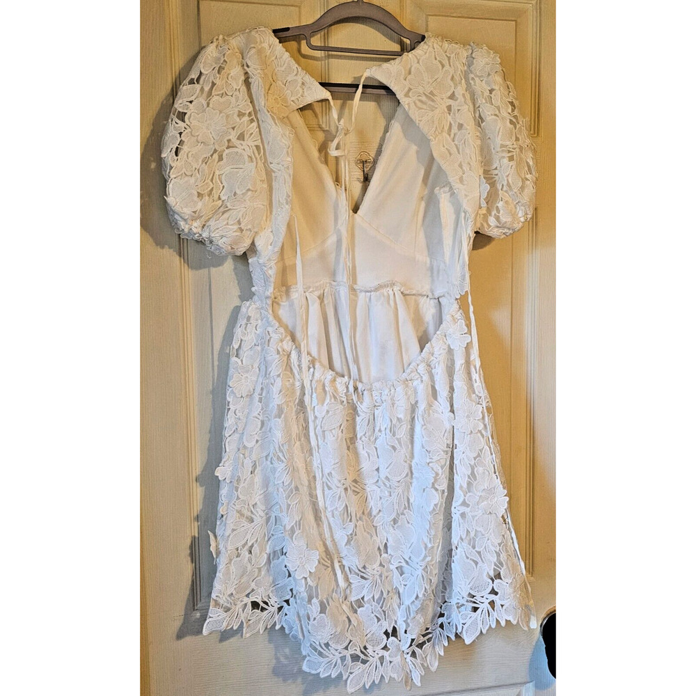 Grace White Lace Mini Dress Size S Puff Sleeve V-Neck Open Back Boho Cottage - Picture 6 of 12